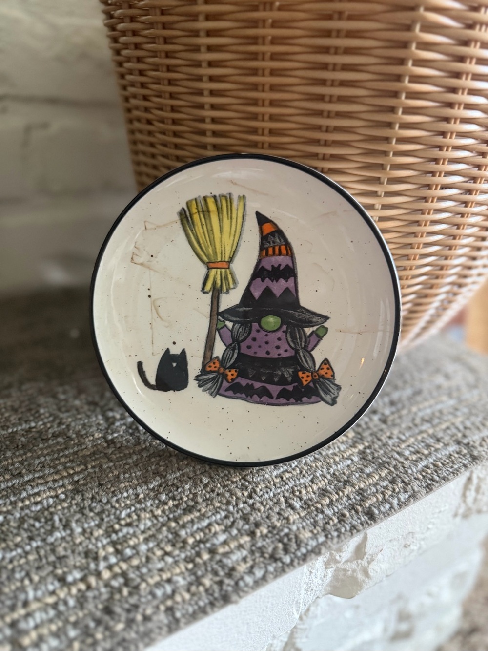 Hand-Painted Ceramic Plate with Purple Witch Illustration